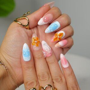 tipsy Handmade Press On Nails Sunset Splash Almond Medium 3D Floral Butterfly